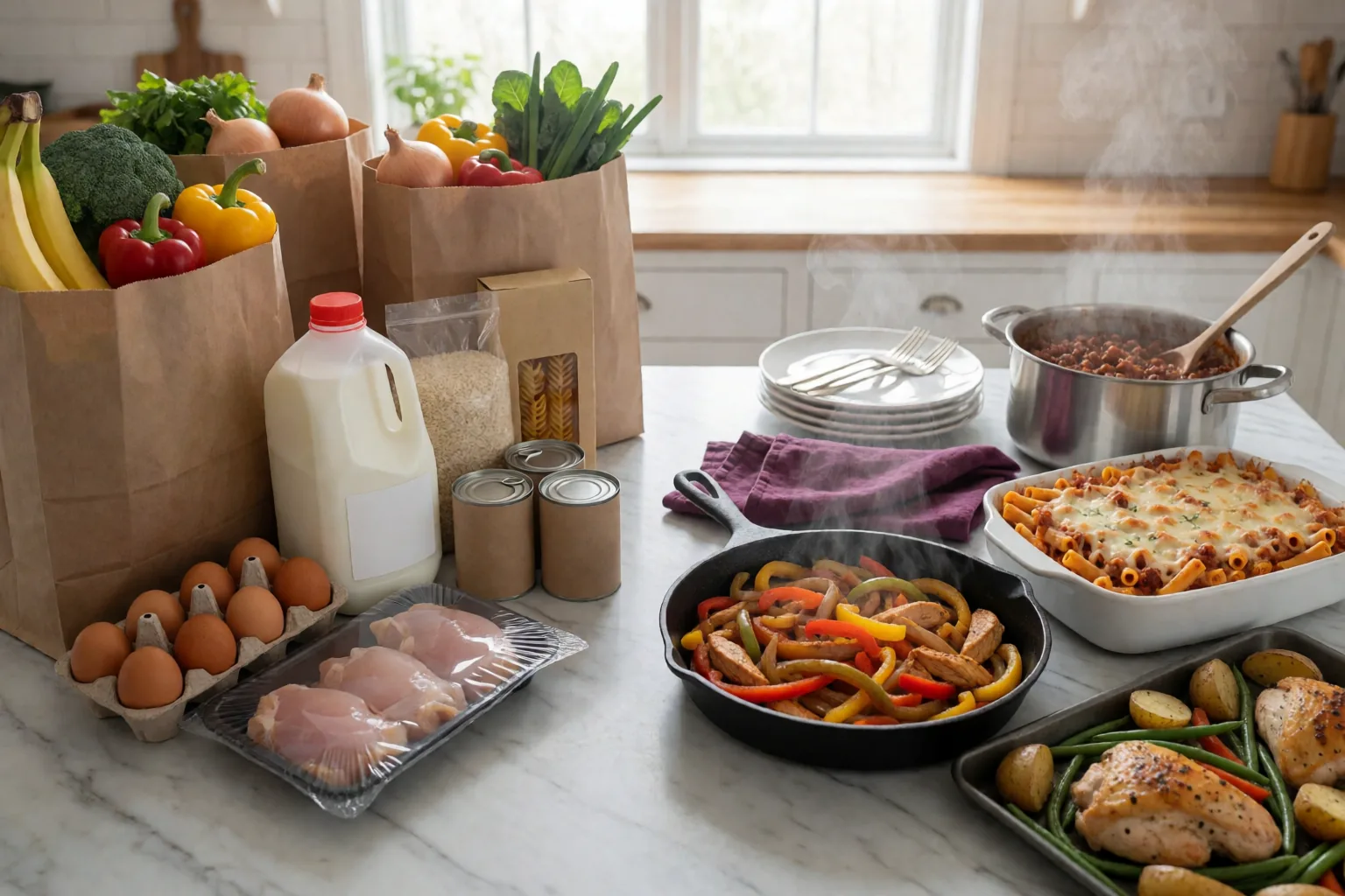 Paper grocery bags of everyday groceries next to four finished dinners on a kitchen counter