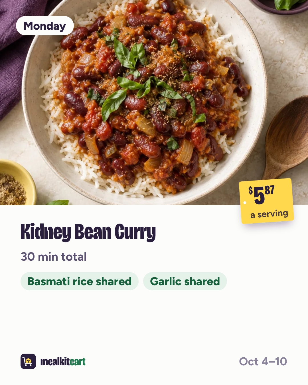 Slide 3: Monday: Kidney Bean Curry